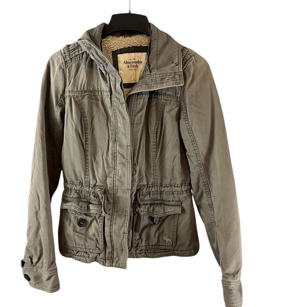 Abercrombie Fitch Jacket Womens Medium Green Military Utility Sherpa Fleece Line